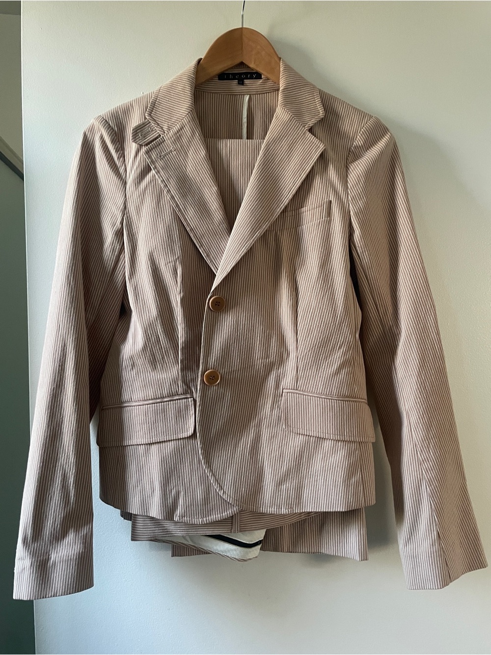 Theory women’s pinstriped BeigeTwo-Button Blazer and pant set size 10/12